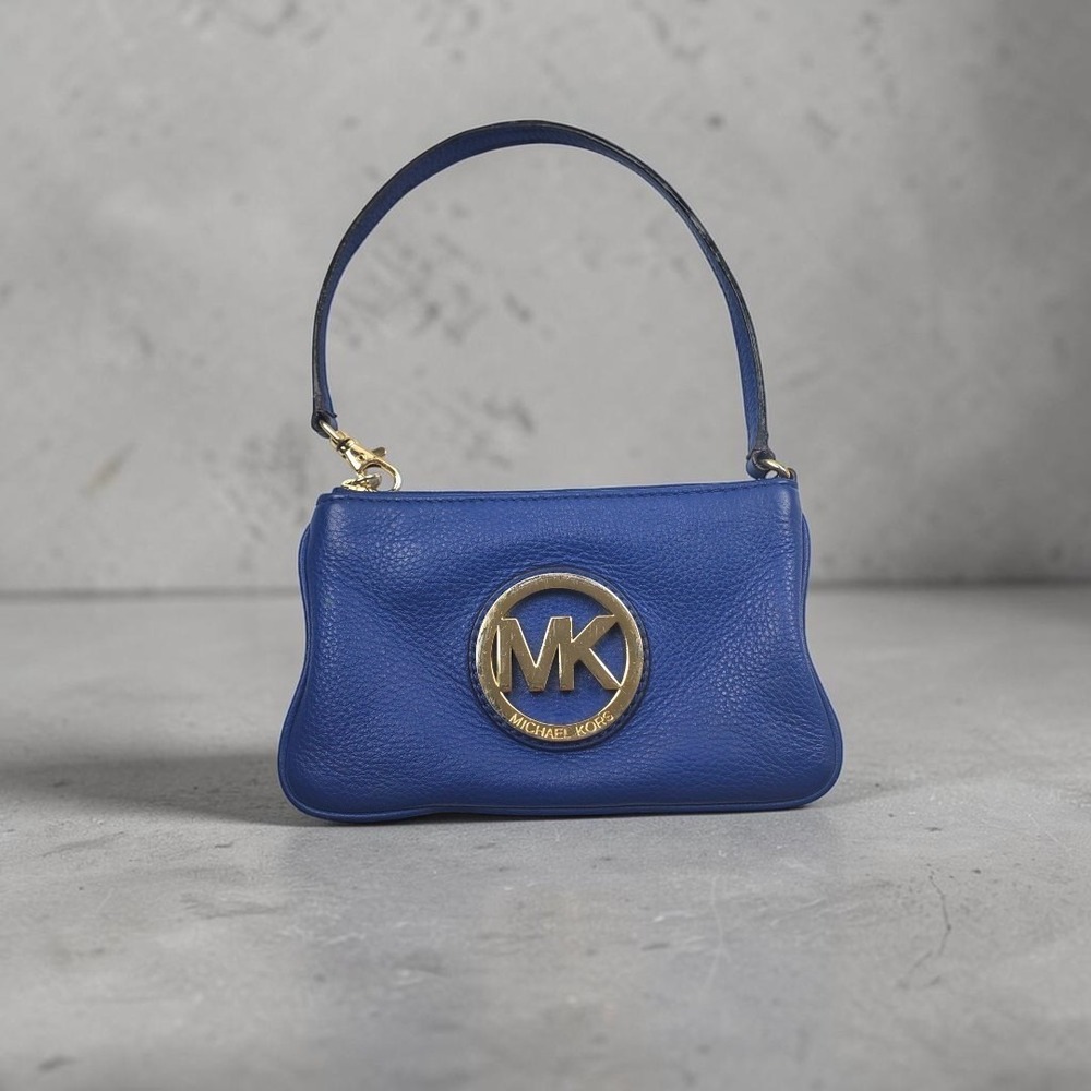 Michael Kors Fulton Cobalt Blue Pebbled Leather Wristlet Gold MK Logo Pouch